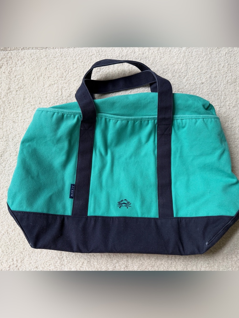 J. Crew Beach Bag Purse Crab Teal and Navy Canvas Duffel